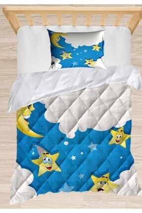 Mavi Beyaz Bulutlar Sarı Yıldızlı 3d Desenli Tek Kişilik Çocuk Yorgan Uyku Seti Ossococoniyor60