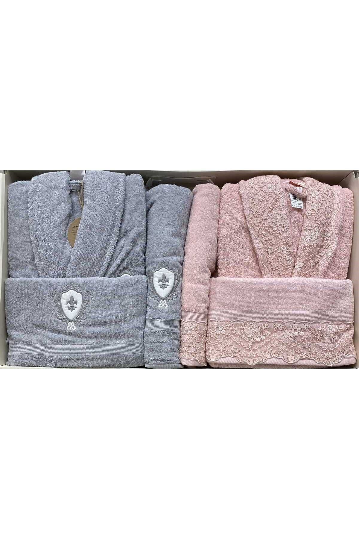 حوله تنپوش (روبدوشامبر) خاکستری مردانه و زنانه مجموعه Bathrobe Family Gray Pudra ECE Özdilek
