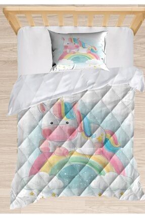 Renkli Unicorn Gökkuşağı 3d Desenli Tek Kişilik Çocuk Yorgan Uyku Seti Ossococoniyor43
