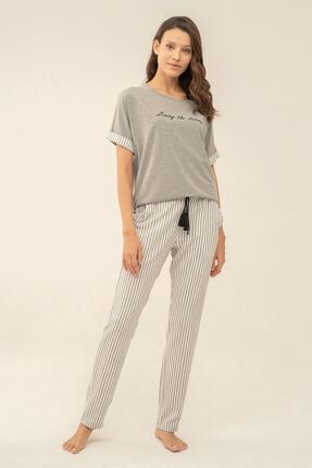 Kadın Dokuma Kumaş Çizgili Pijama Takım 4083