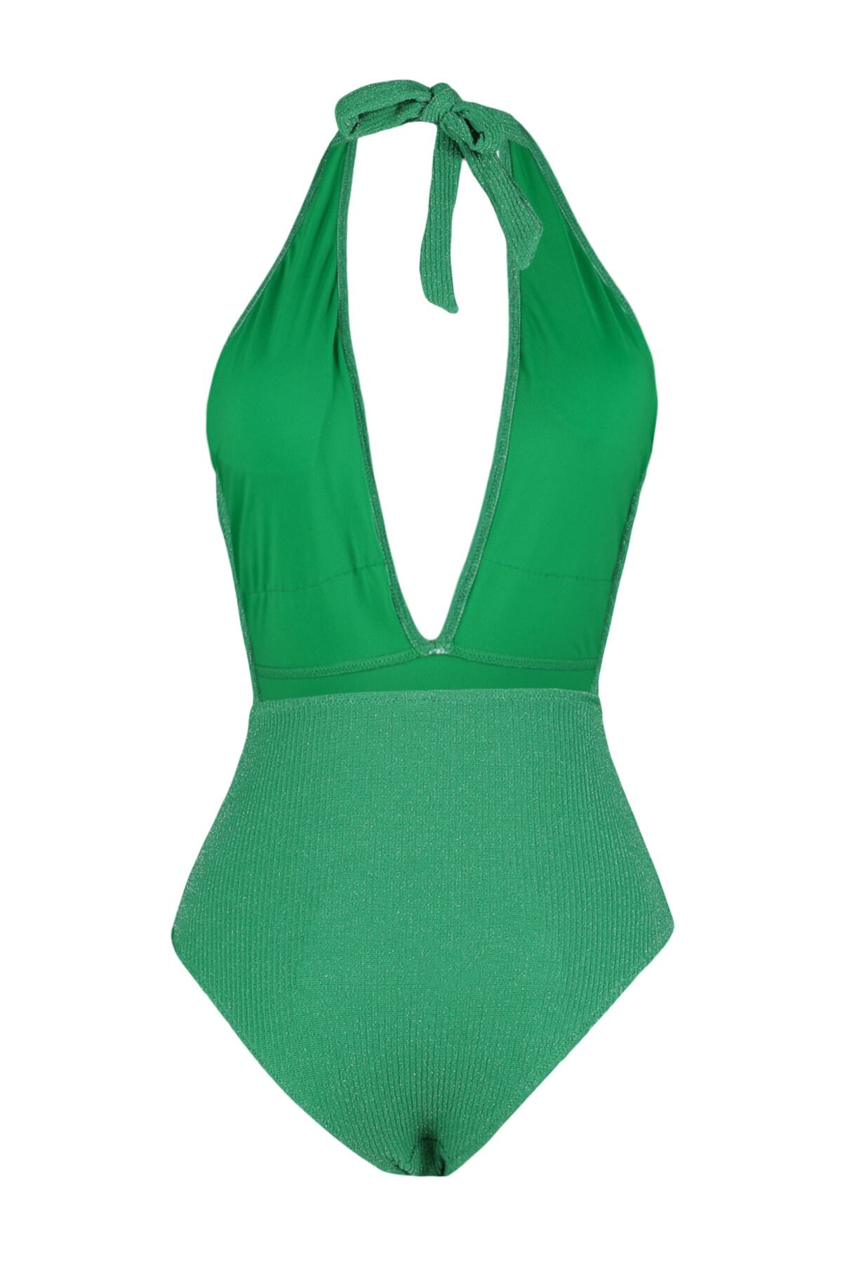 Trendyol Collection-Grüner tief ausgeschnittener Badeanzug mit Glitzer und normalem Bein TBESS23MA00260 8