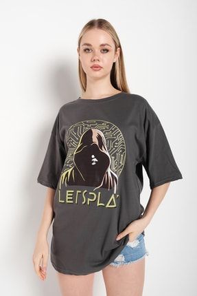 Kadın Oversize Füme Lets Play Baskılı T-shirt TS-LETSPLAY