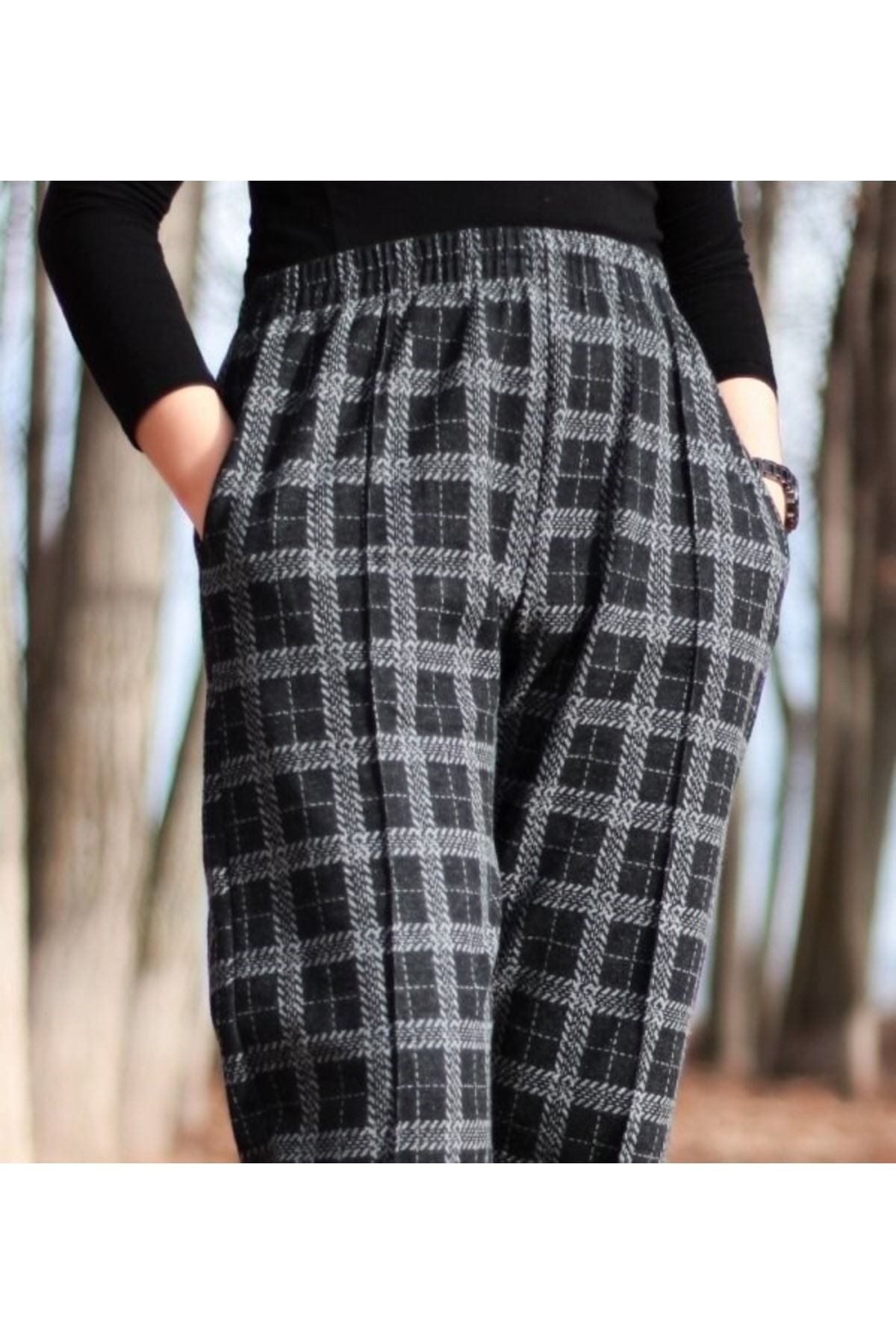 Modakenti-Pantaloni de iarnă cu buzunare de mărime mare, cu cusături elastice, picior de găină pătrat 3