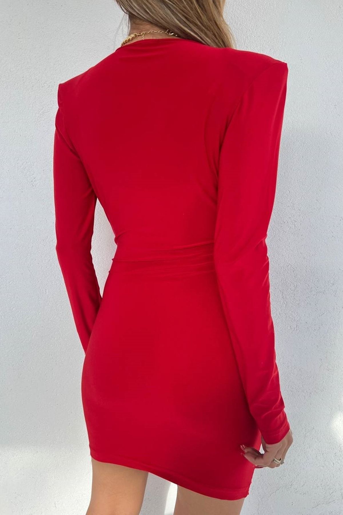 bayansepeti Sandy Fabric Long Sleeve Collar Padded Red Evening