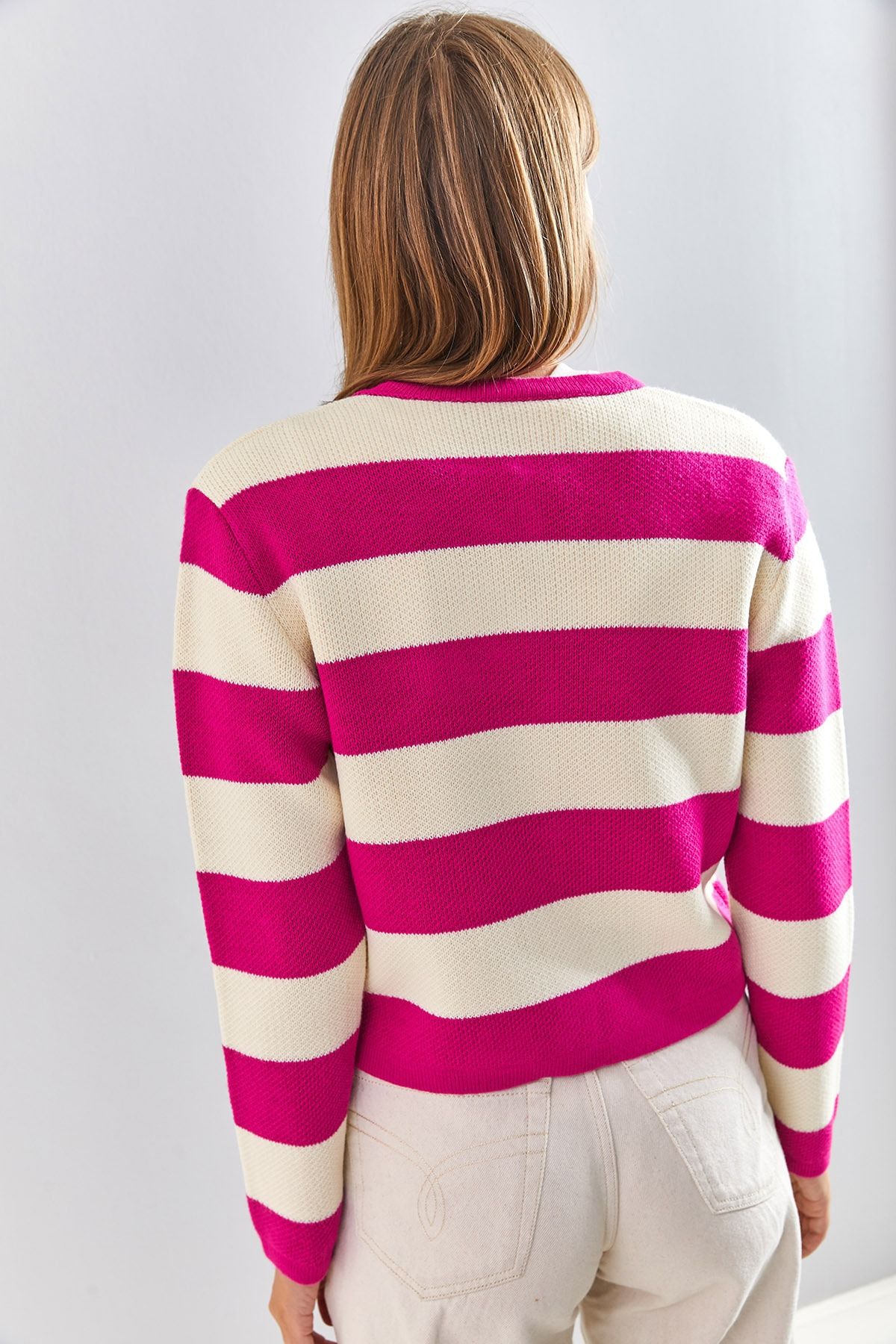 Bianco Lucci-Women's Metal Buttoned Thick Striped Knitwear Cardigan 2