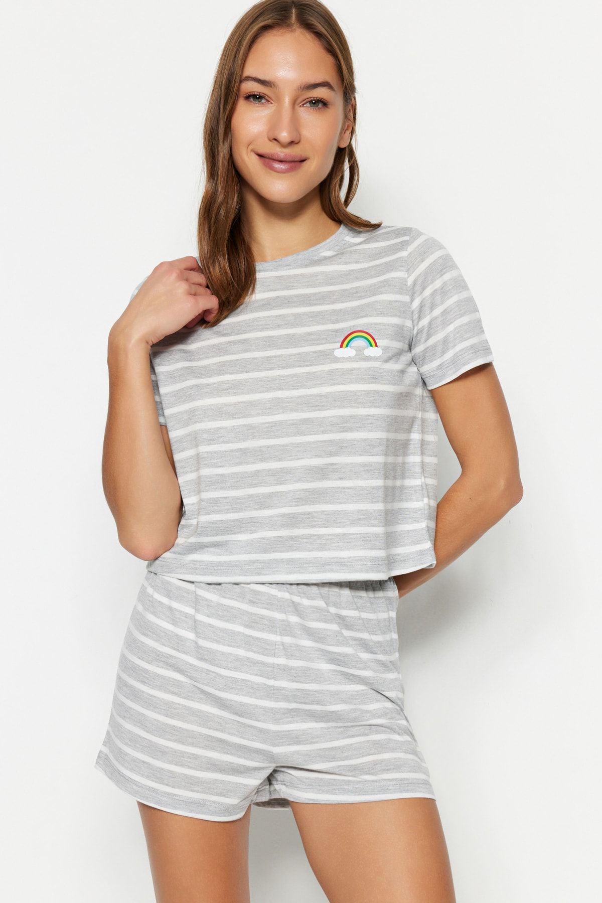 Trendyol Collection Grau Meliertes, Mit Regenbogen Bedrucktes T-shirt-shorts-strick-pyjama-set für Damen - XL