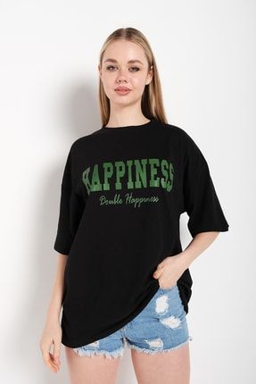 Kadın Siyah Happıness Baskılı Oversize Tshirt TS-HAPPINESSYENİ