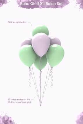 Boho Girl Makaron Lila Makaron Yeşil Balon Seti - 50 Adet BOHO-GRL-PCS-BLN50