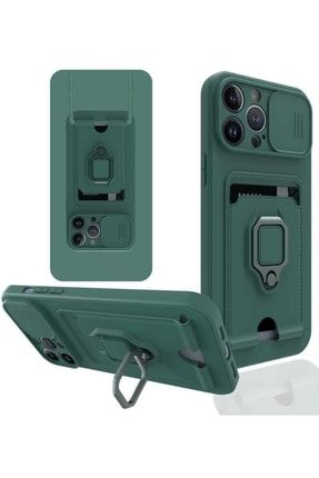 Apple Iphone 13 Pro Max Ile Uyumlu Kamera Koruma Stand Kartlıklı Kapak Koyu Yeşil + Temperli Cam SKU: 107904