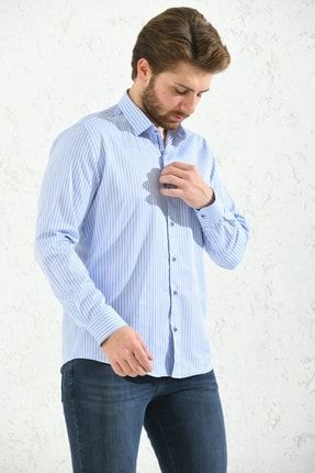 Slim Fit Uzun Kol Premium Kalın Çizgili Hediye Kutulu Erkek Gömlek - Açık Mavi FS-001375