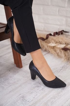 Beau Sivri Taşlı Kadın Topuklu Ayakkabı Siyah Sıvama 103 22Y9171