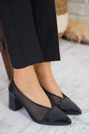 Callie Yan Açık File Kadın Topuklu Ayakkabı Siyah Rugan 206 20Y08