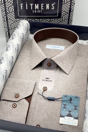 Klasik Uzun Kol Keten Cotton Hediye Kutulu Erkek Gömlek - Bej FS-001261