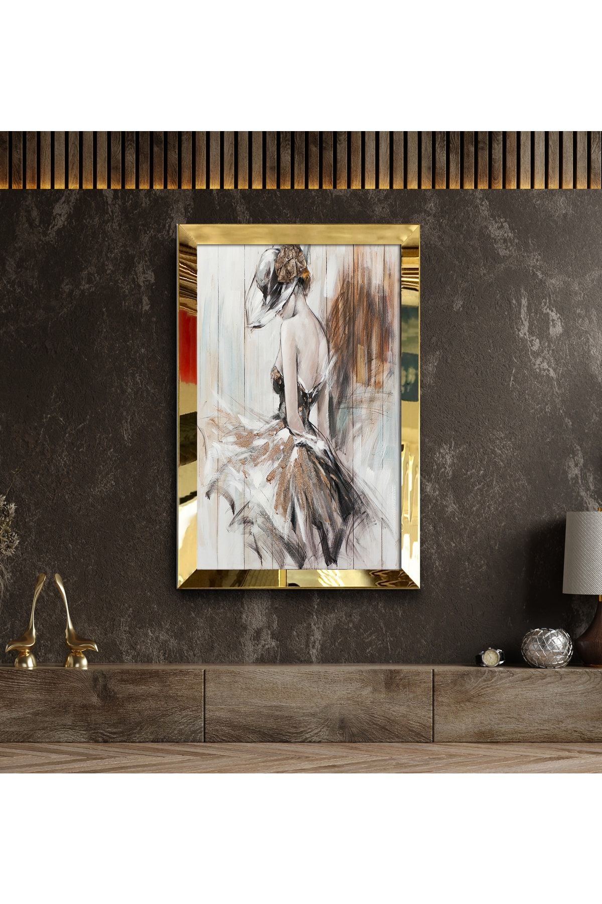 tablom burada Büyük Boy Gold Ayna Çerçeveli Premium Soyut Abstract Çizim Efektli Kadın Figürü