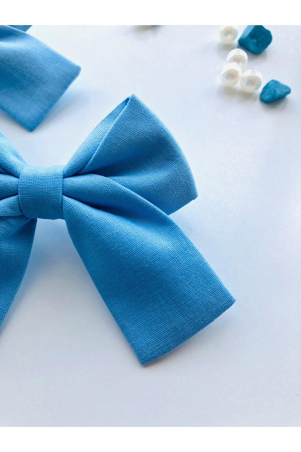 seyranat-Pack of 2 Blue Organic Cotton Elastic Bow Fabric Children's Baby Hair Clip 3