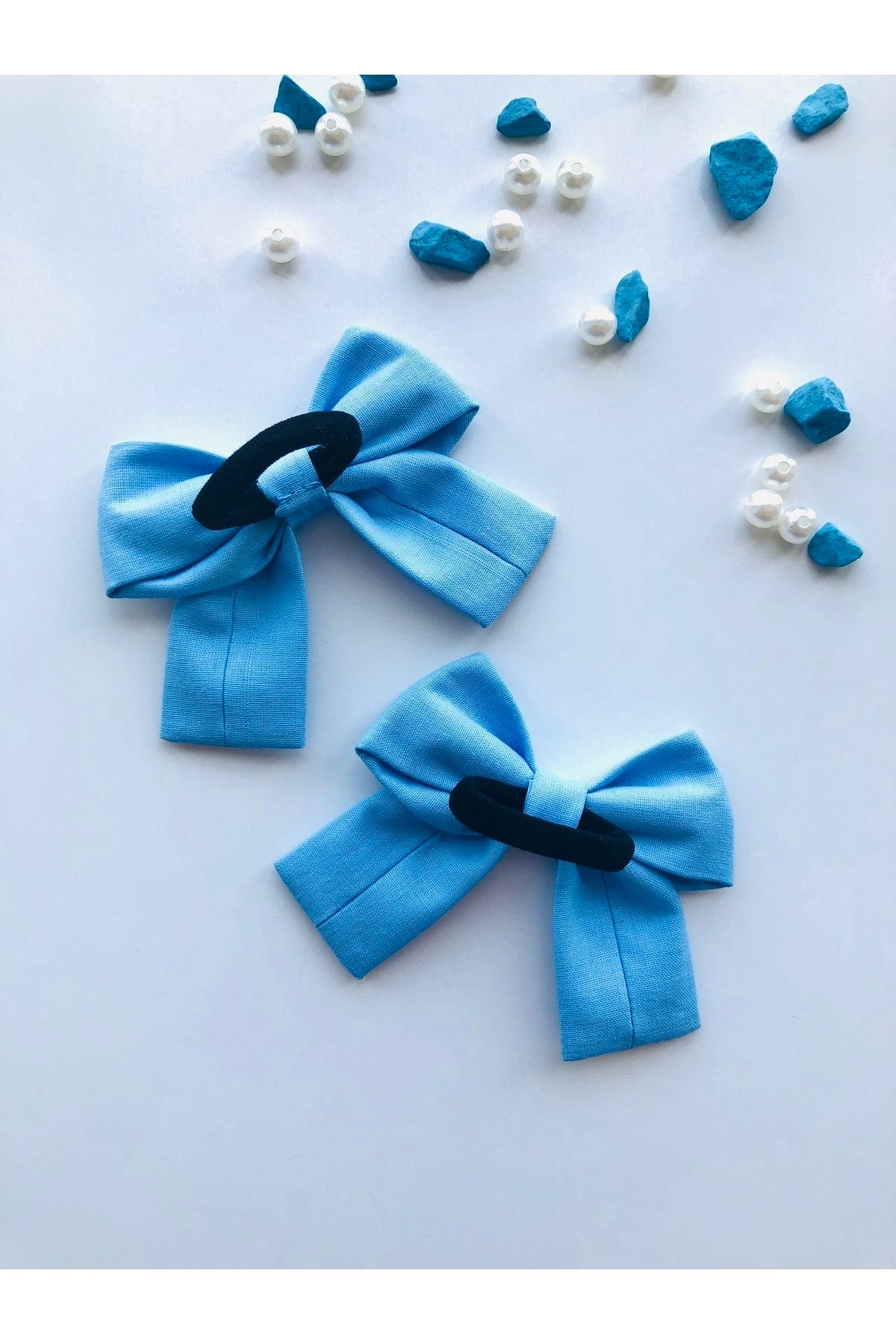 seyranat-Pack of 2 Blue Organic Cotton Elastic Bow Fabric Children's Baby Hair Clip 4