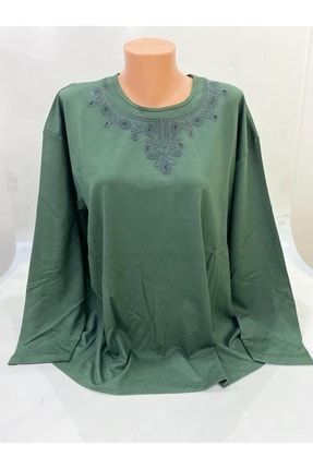 Rahat Kesim Kabartma Taş Işleme Desenli Büyük Beden Anne Penye Bluz B101