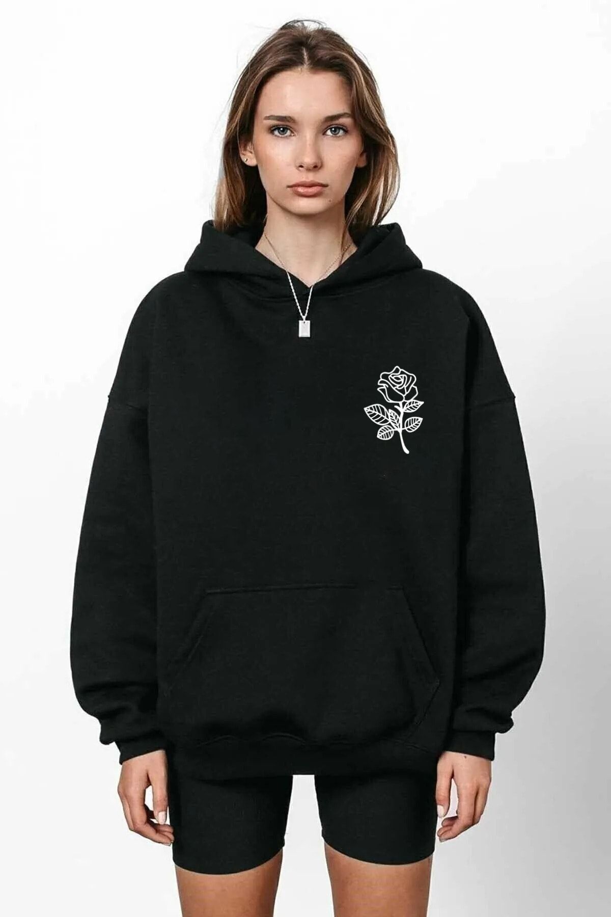 NEW MODA Rose Printed Hooded Sweatshirt Trendyol
