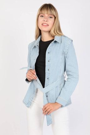 Kadın Kuşaklı Omuz Detaylı Jean Ceket Açık Mavi C11586