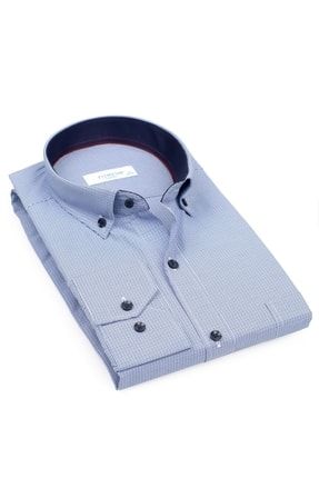 Klasik Uzun Kol Pöti Kareli Yaka Düğmeli Hediye Kutulu Erkek Gömlek - Mavi FS-001368