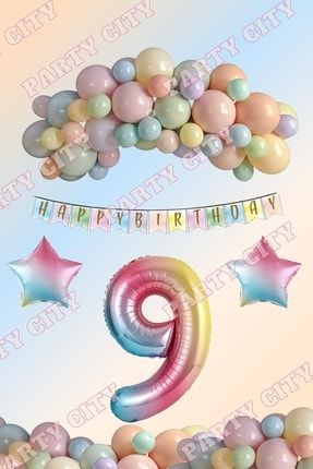 Gökkuşağı Balon Seti 9 Yaş Rakam Folyo Balon Doğum Günü Konsept Parti Kutlama Seti SET00043