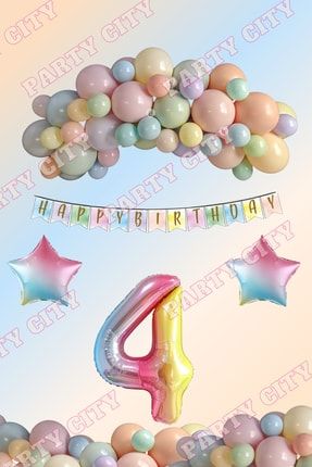 Gökkuşağı Balon Seti 4 Yaş Rakam Folyo Balon Doğum Günü Konsept Parti Kutlama Seti SET00043