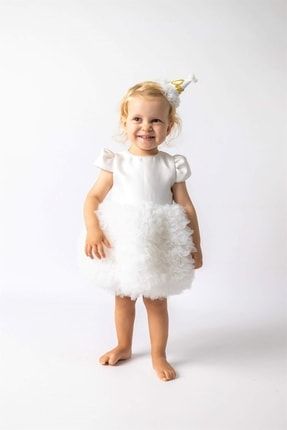 Kısa Kollu Beyaz Tütülü Bebek Prenses Elbise - Lina LM100LINA