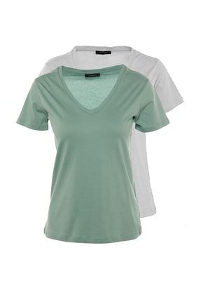 Gri Melanj-Mint Süprem V Yaka 2'li Paket Örme T-Shirt TWOSS20TS0142