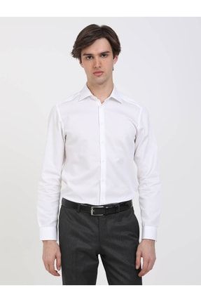 Beyaz Mikro Slim Fit Dokuma Klasik %100 Pamuk Gömlek KP10133998