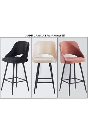 3 Adet Camilla Ada Mutfak Ve Bar Sandalyesi - Bar Taburesi - Silinebilir Babyface Kumaş - Metal Ayak 3CMLBRMTLKMS