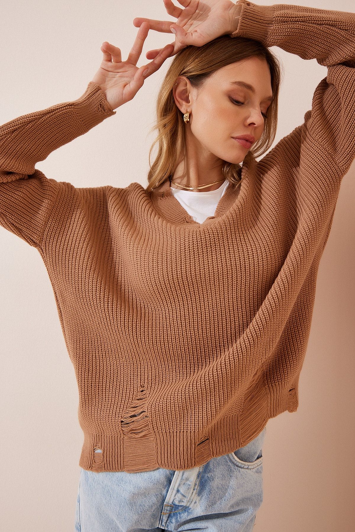 Camel v neck sweater women's hot sale