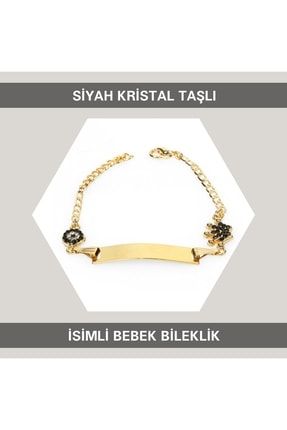 Siyah Kristal Taşlı Isimli Bebek Künyesi Ayarlanabilir 15cm IBCB016