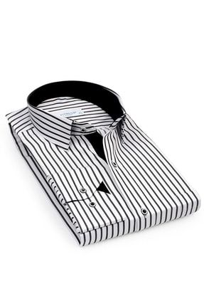 Klasik Uzun Kol Kalın Çizgili Hediye Kutulu Erkek Gömlek - Beyaz Siyah FS-001260
