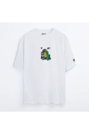 Unisex Beyaz Oversize Dinosaur Oldschool T-Shirt TW-3321