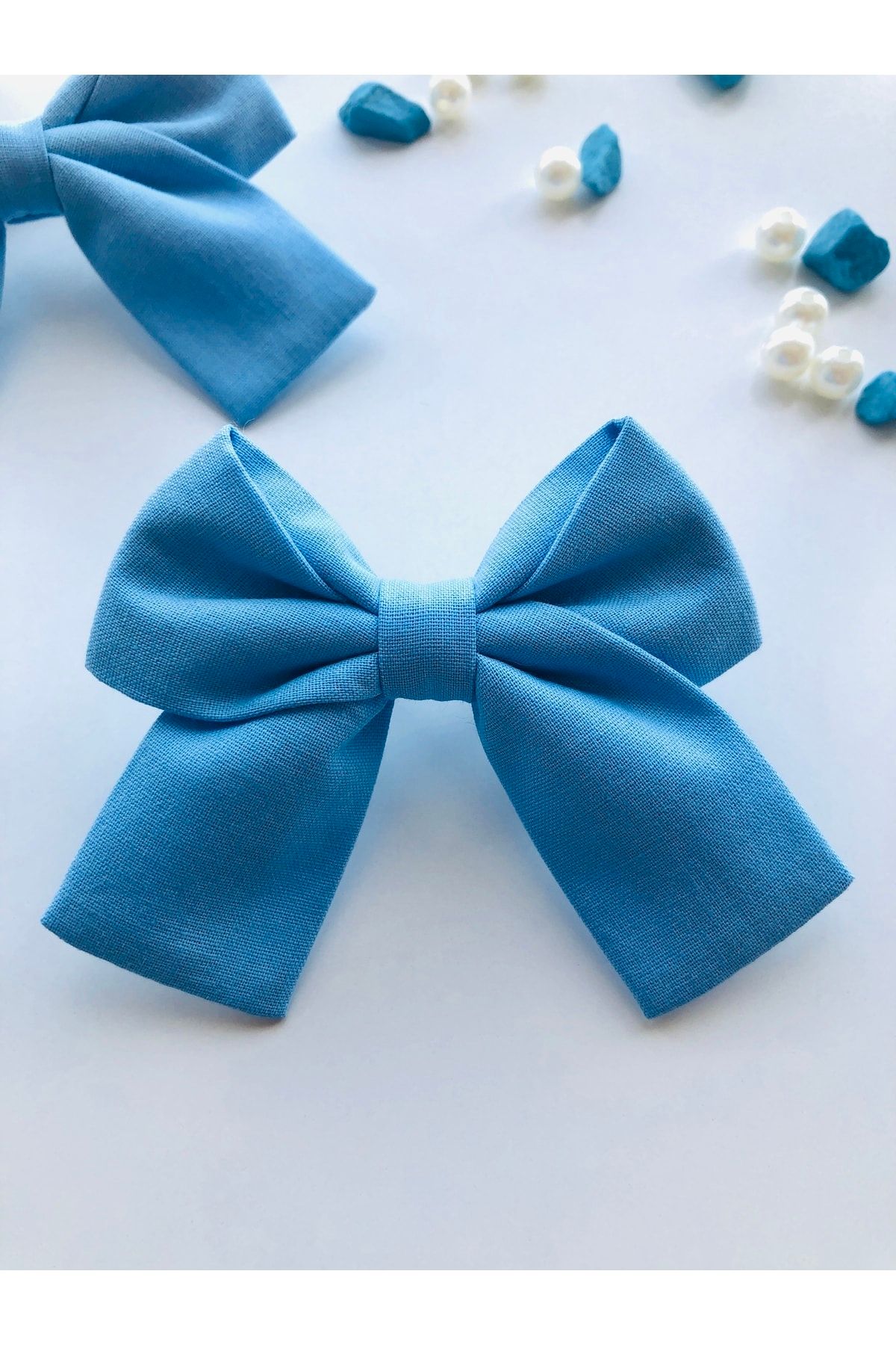 seyranat-Pack of 2 Blue Organic Cotton Elastic Bow Fabric Children's Baby Hair Clip 2