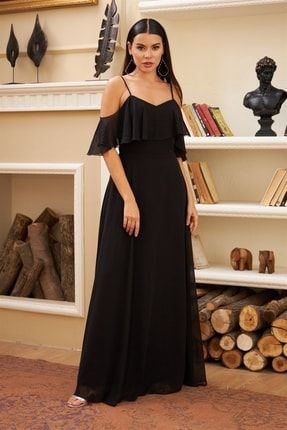 Siyah Düşük Kollu Askılı Uzun Abiye Elbise S56424