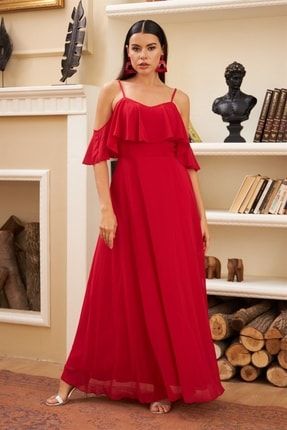 Kırmızı Düşük Kollu Askılı Uzun Abiye Elbise S56424