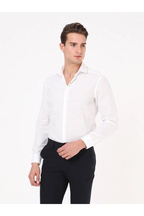 Beyaz Çizgili Regular Fit Dokuma Klasik %100 Pamuk Gömlek KP10133692