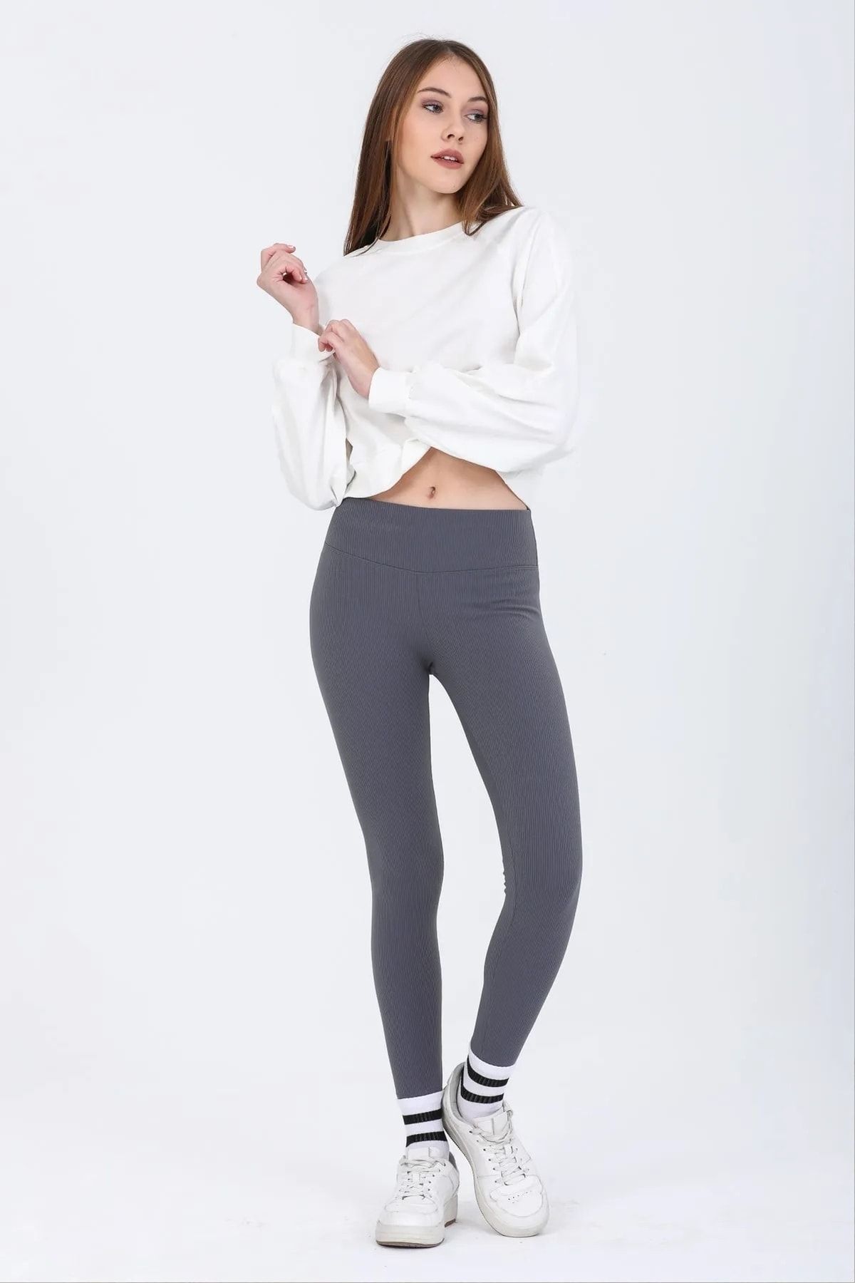 Trendy Butik Women s Smoked Ribbed Tights High Waist Tights Sports Tights with Fleece Rivet Inside