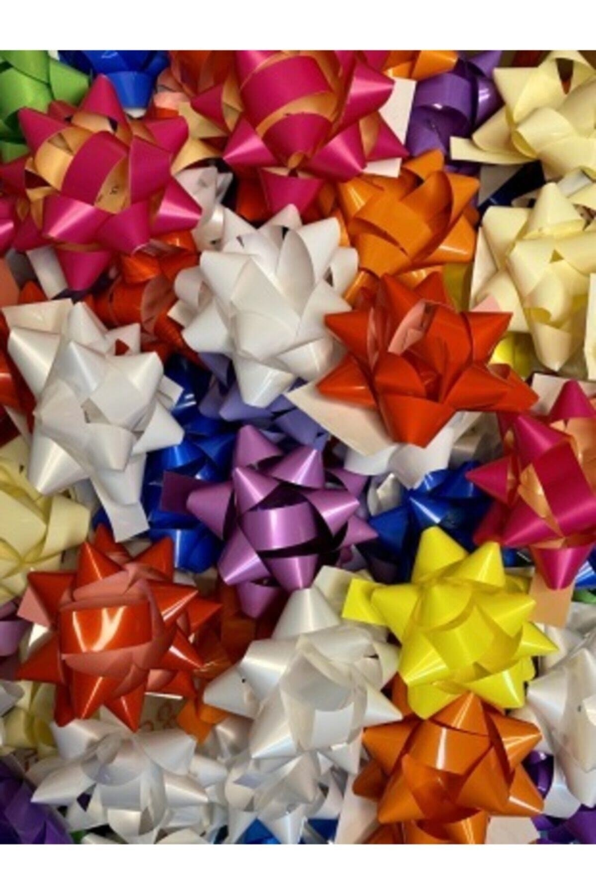 Palifix 20 Adet Karışık Renk Fiyonk Çekyıldız Hediye Paketi Süsü Rafya Yapışkanlı Yıldız Süs