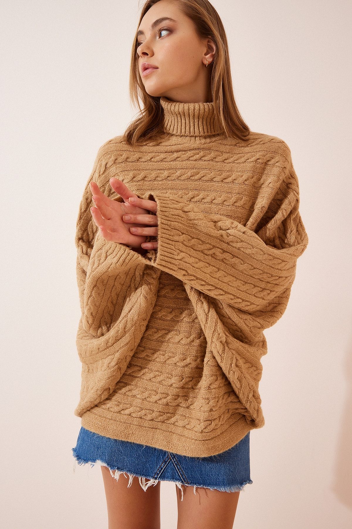 Happiness İstanbul Pullover Beige Oversized Fast ausverkauft