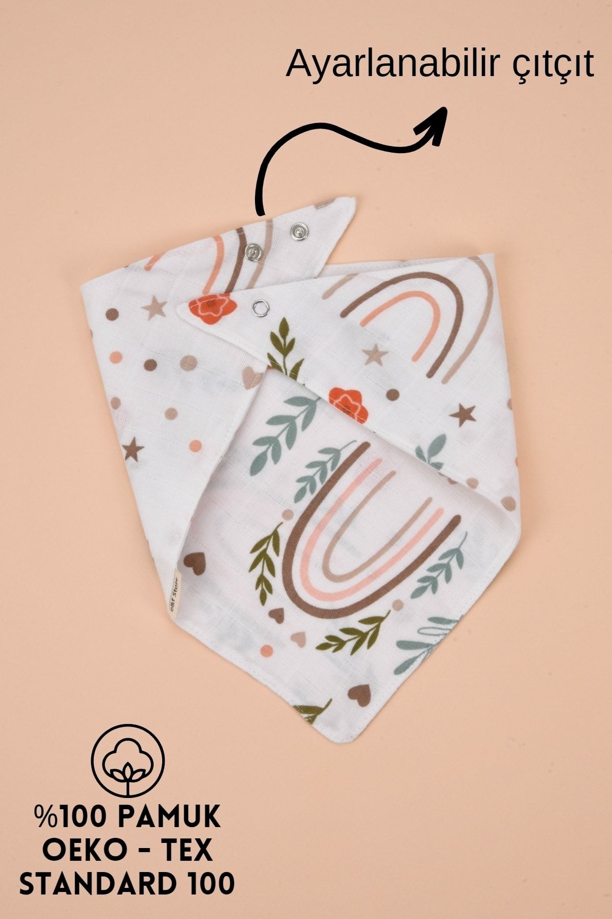 e&amp;f Store Organik Sertifikalı Çift Katlı Müslin Kumaş - Iki Çıtçıtlı Bebek Salya Önlük / Fular - Gökkuşağı SN12058