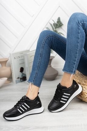 Siyah/beyaz Spor Ayakkabı Sneaker - Termo Taban Yürüyüş Ayakkabısı - 4 Bant Kabartma Baskılı CABUDWALK3