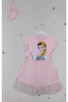 Kız Çocuk Pembe Elsa Elbise ve Maske Çocuk Elbise MOD90029