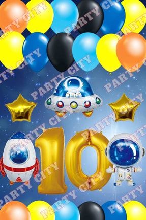 Astronot-uzay Balon Konsepti 10 Yaş Gold Doğum Günü Parti Kutlama Seti SET00035