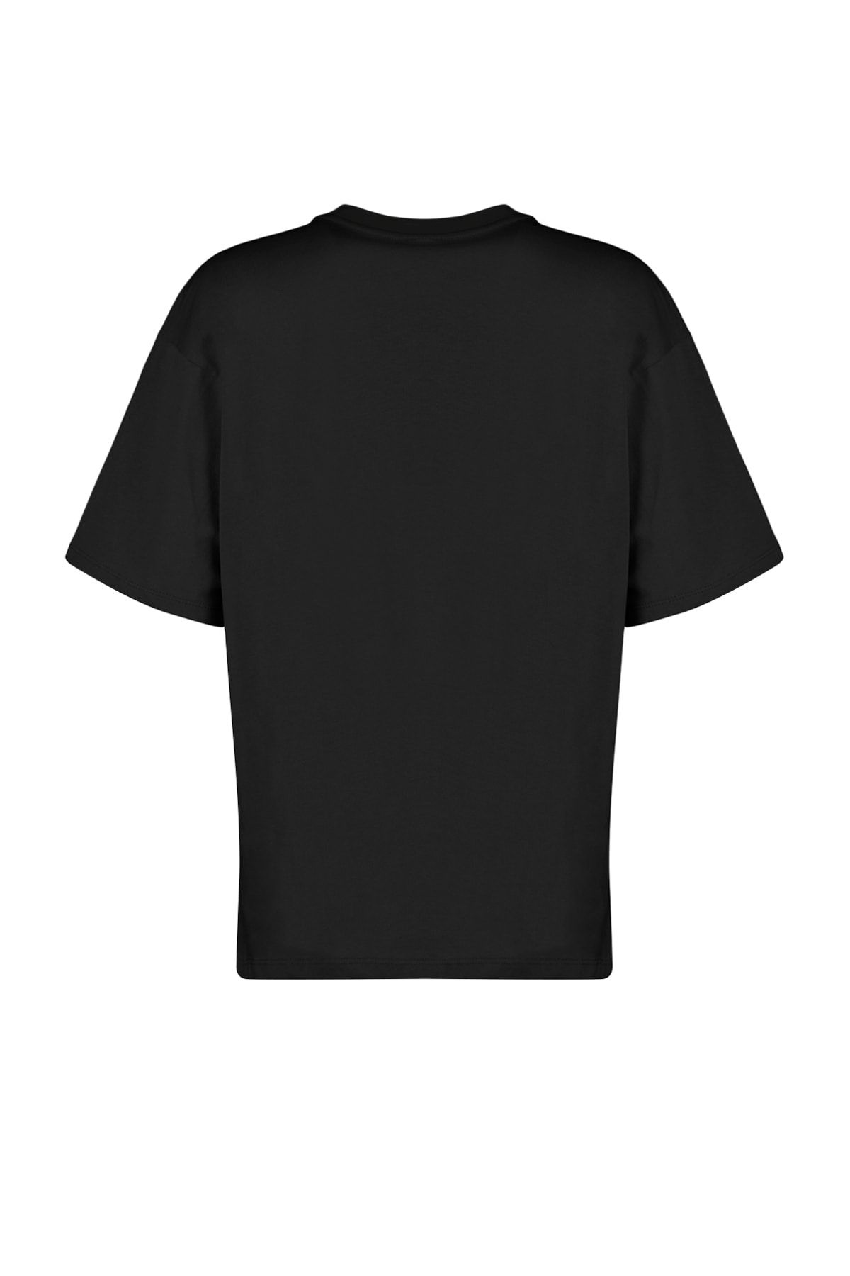 Siyah %100 Pamuk Premium Oversize/Geniş Kalıp Bisiklet Yaka Örme T-Shirt TWOSS23TS00040