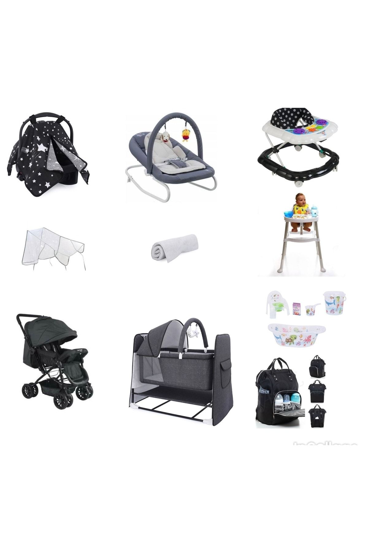 LETS GO BABY Almira Kids 15 Parça Bebek Seti Pencereli Keten Kumaş Beşik Bebek Arabası Ana Kucağı Mama Sandalyesi