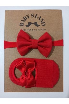 Kız Çocuk / Kırmızı Keten Fiyonk Kırmızı Babet Çorap 2 Li Set 123