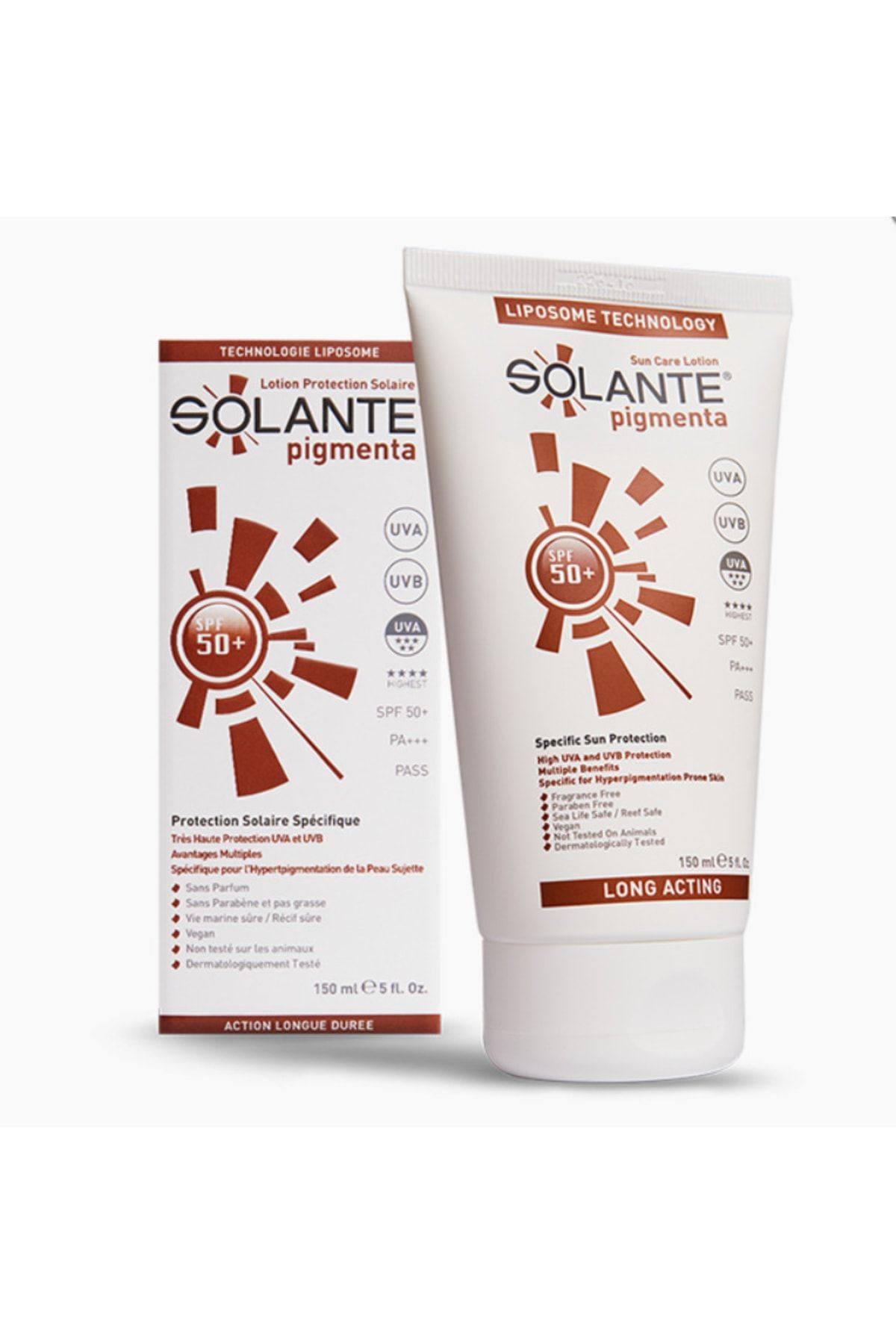 ضد آفتاب Spf 50 مدل پیگمنتا pigmenta ضد لکه های پوستی و تیرگی پوست 150میل سولانته Solante