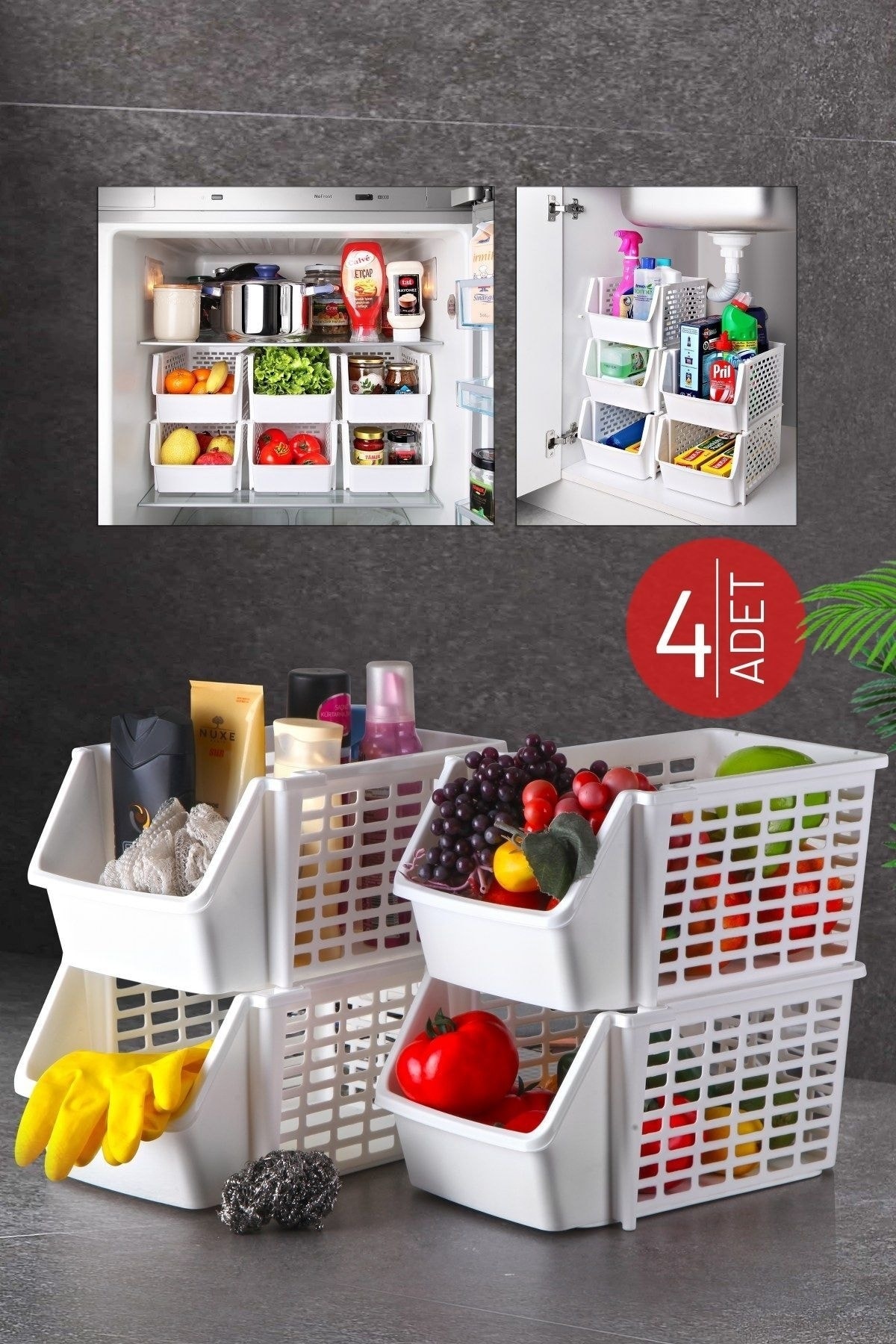 Nandy Home 4 Adet Çok Amaçlı Dolap Içi, Evye Altı Ve Buzdolabı Içi Katlı Düzenleyici Beyaz